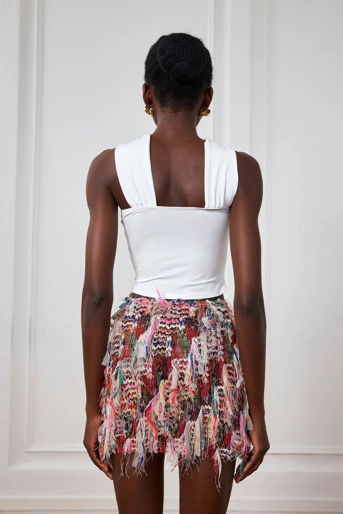 Fringe Striped Mini Skirt in Pink Black Khaki