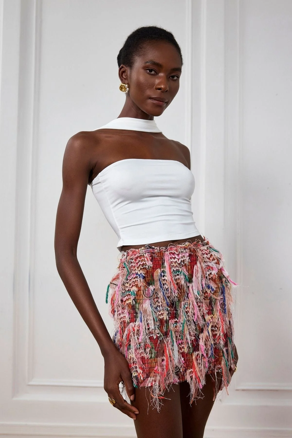 Fringe Striped Mini Skirt in Pink Black Khaki