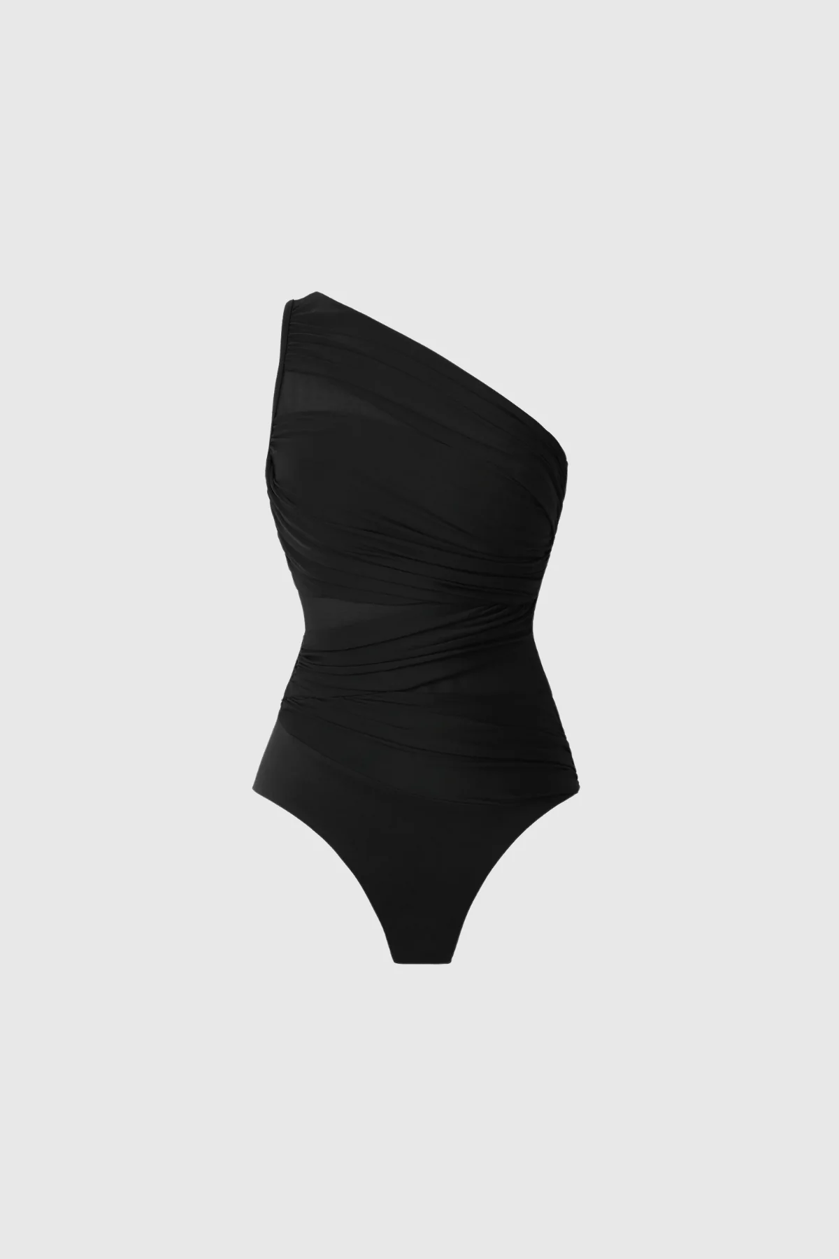 Sleek Black Mesh Ruched One Shoulder Swimsuit