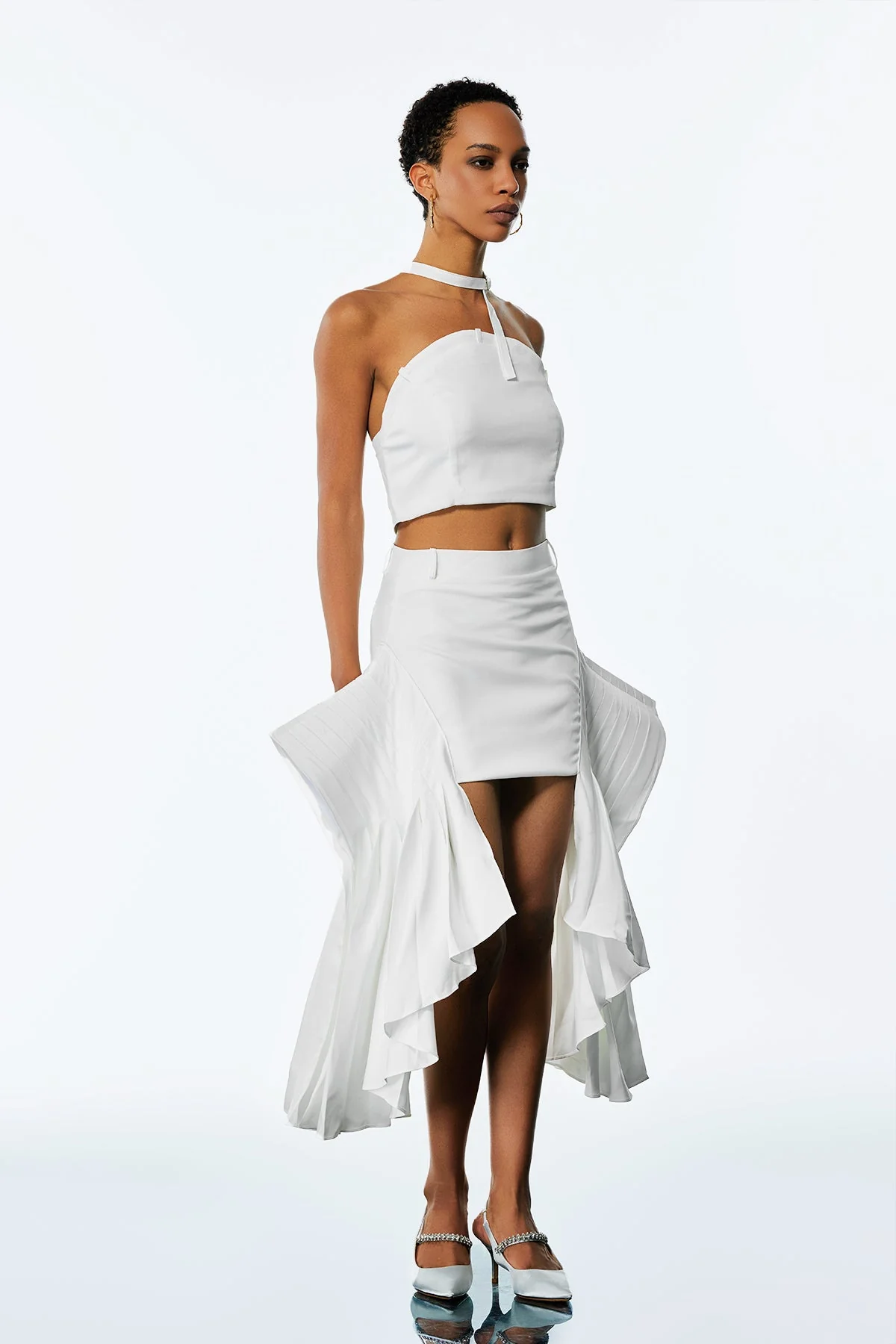 White Deconstructed Ruched Skirt Set