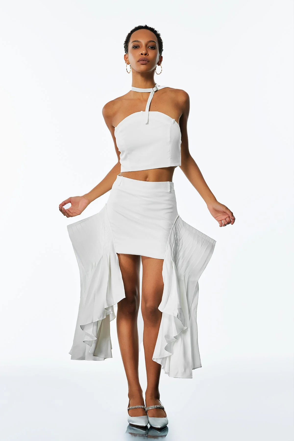 White Deconstructed Ruched Skirt Set