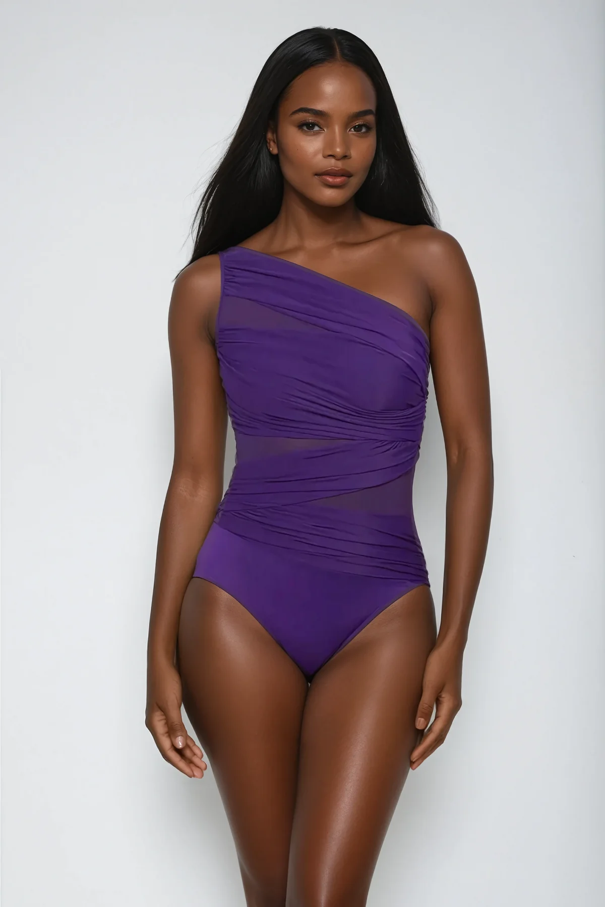 Purple One-Shoulder Mesh Ruch Swimsuit