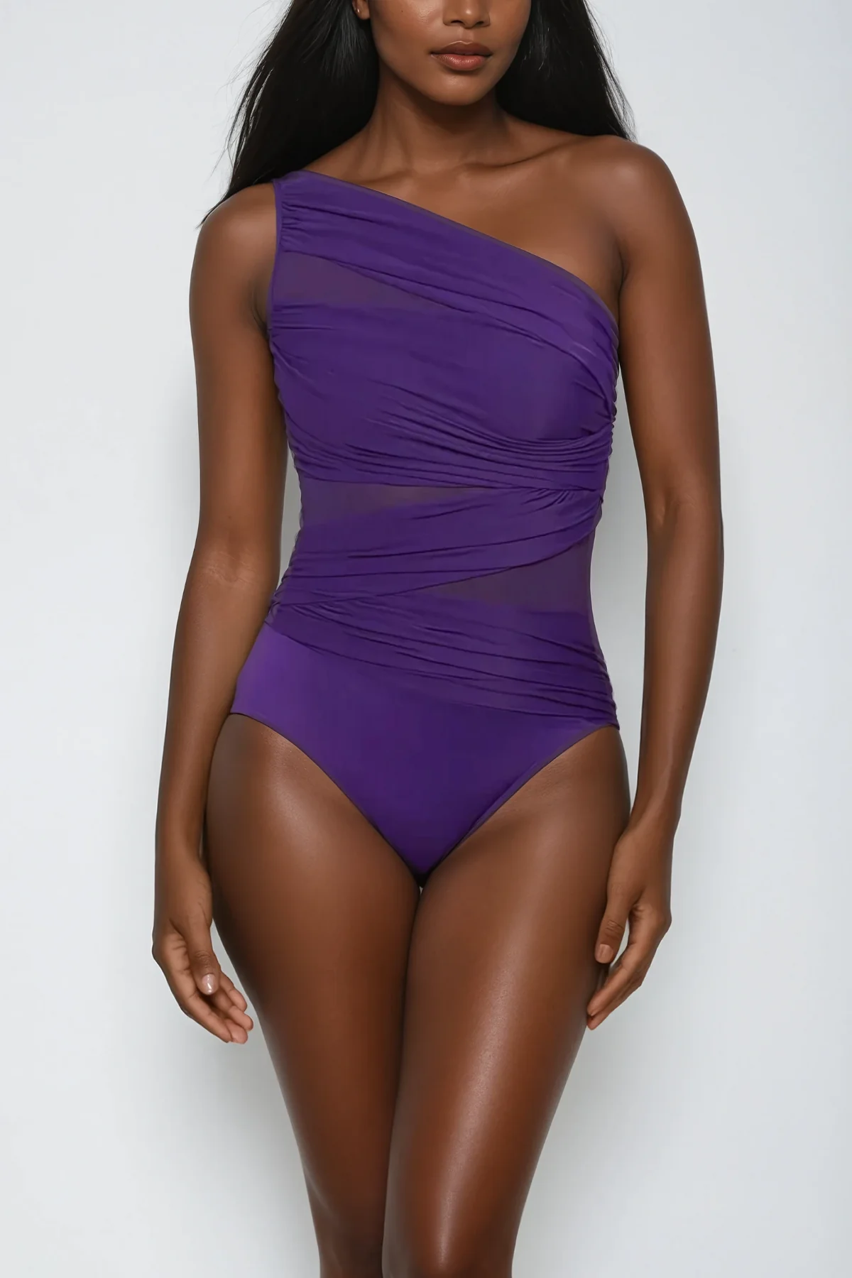 Purple One-Shoulder Mesh Ruch Swimsuit