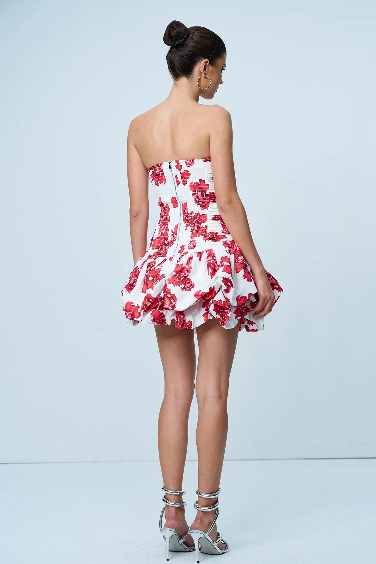 Floral Ruched Strapless Mini Dress in Red - Elegant Style