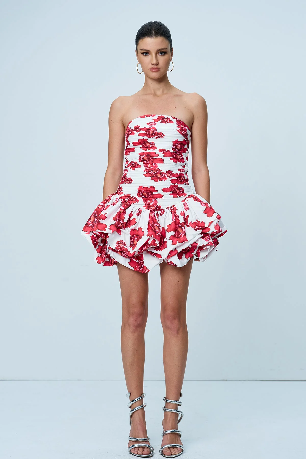 Floral Ruched Strapless Mini Dress in Red - Elegant Style