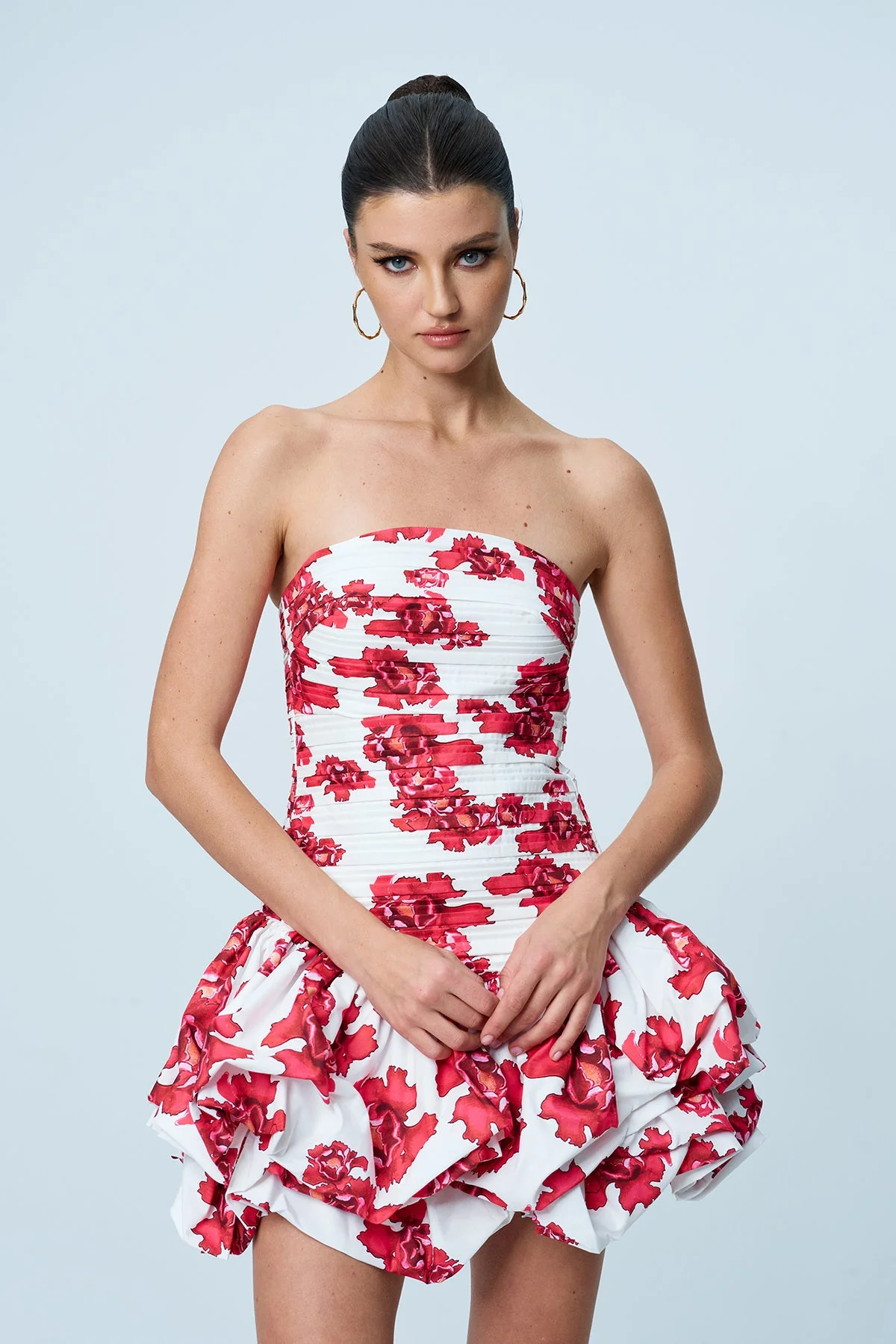 Floral Ruched Strapless Mini Dress in Red - Elegant Style