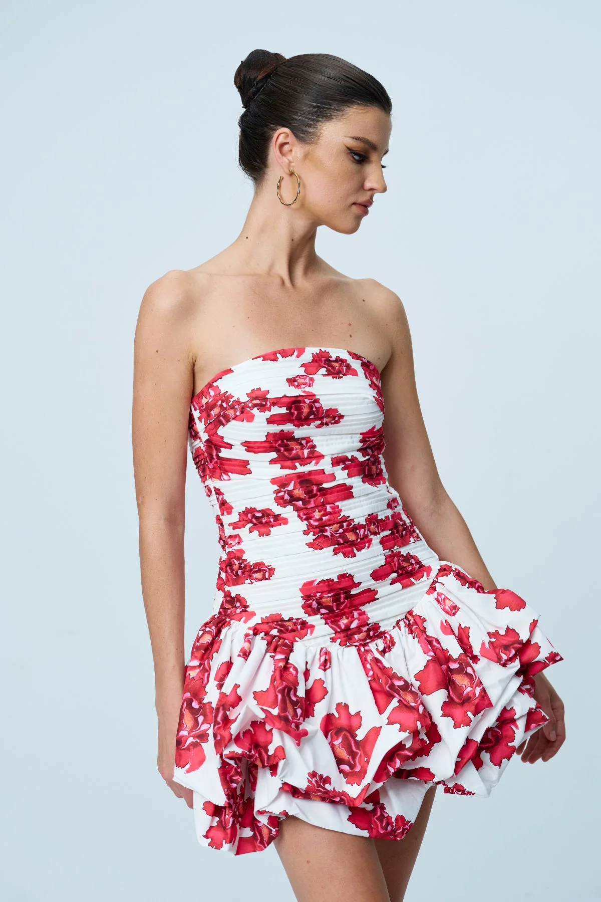 Floral Ruched Strapless Mini Dress in Red - Elegant Style