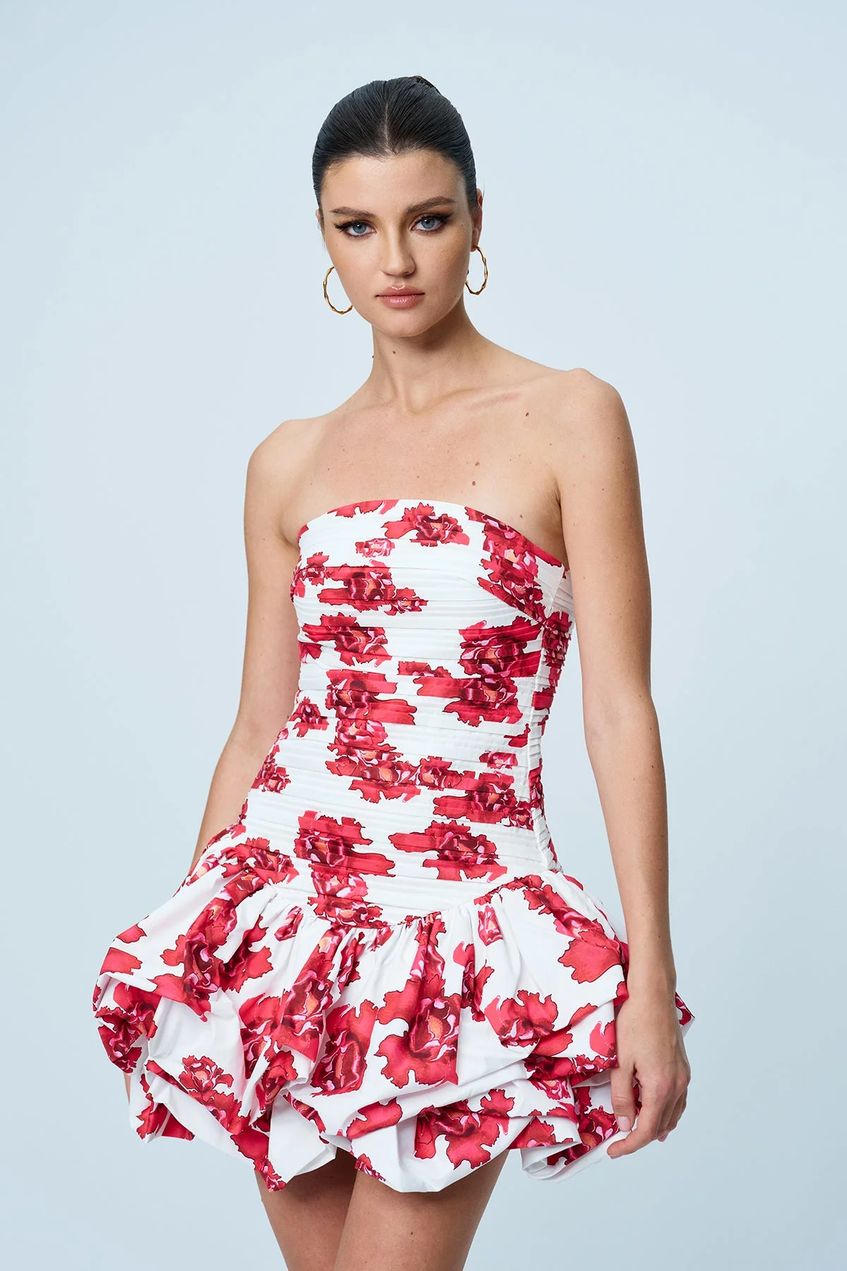 Floral Ruched Strapless Mini Dress in Red - Elegant Style