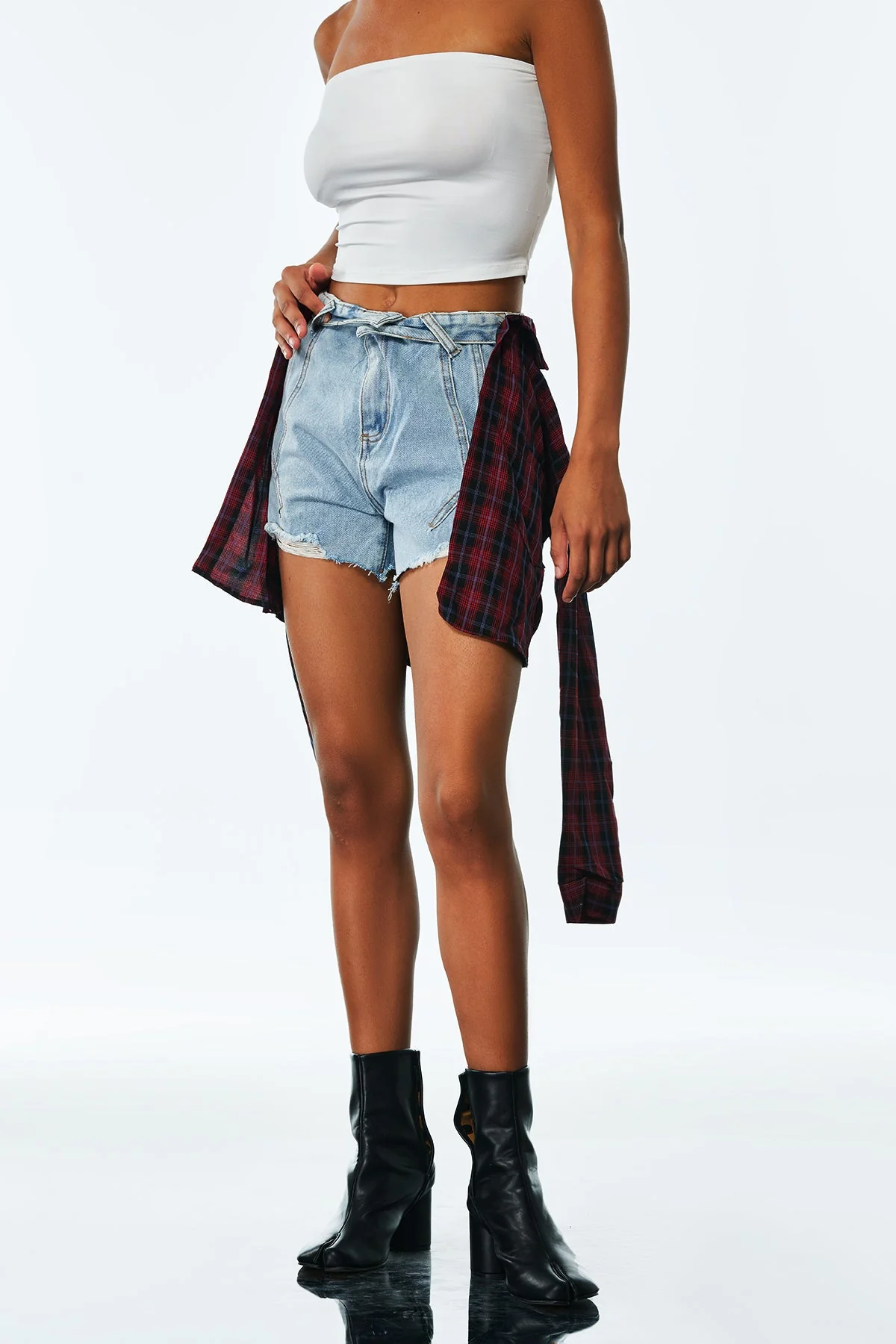 Red Deconstruct Grid Short Jeans - Unique Design