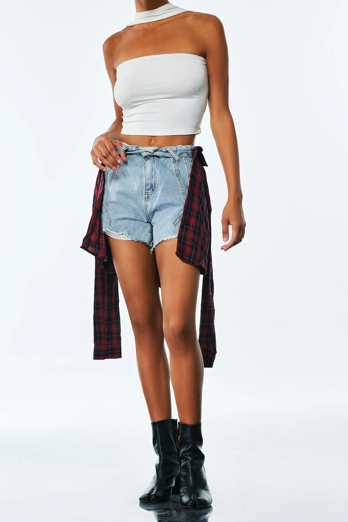 Red Deconstruct Grid Short Jeans - Unique Design