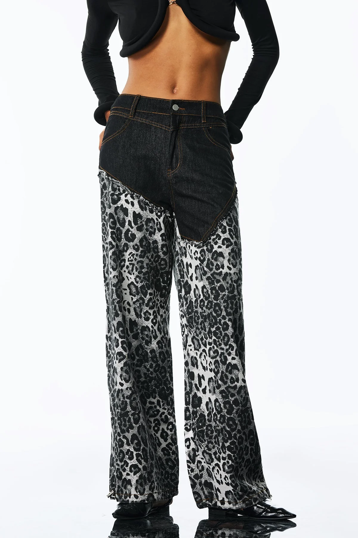 Leopard Print Asymmetric Black Pants