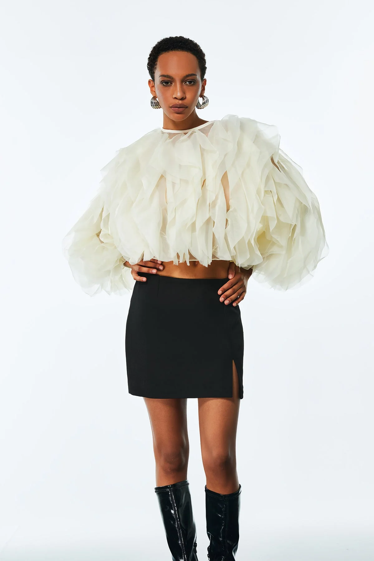 Apricot Mesh Ruched Ruffle Shirt - Chic & Versatile Style