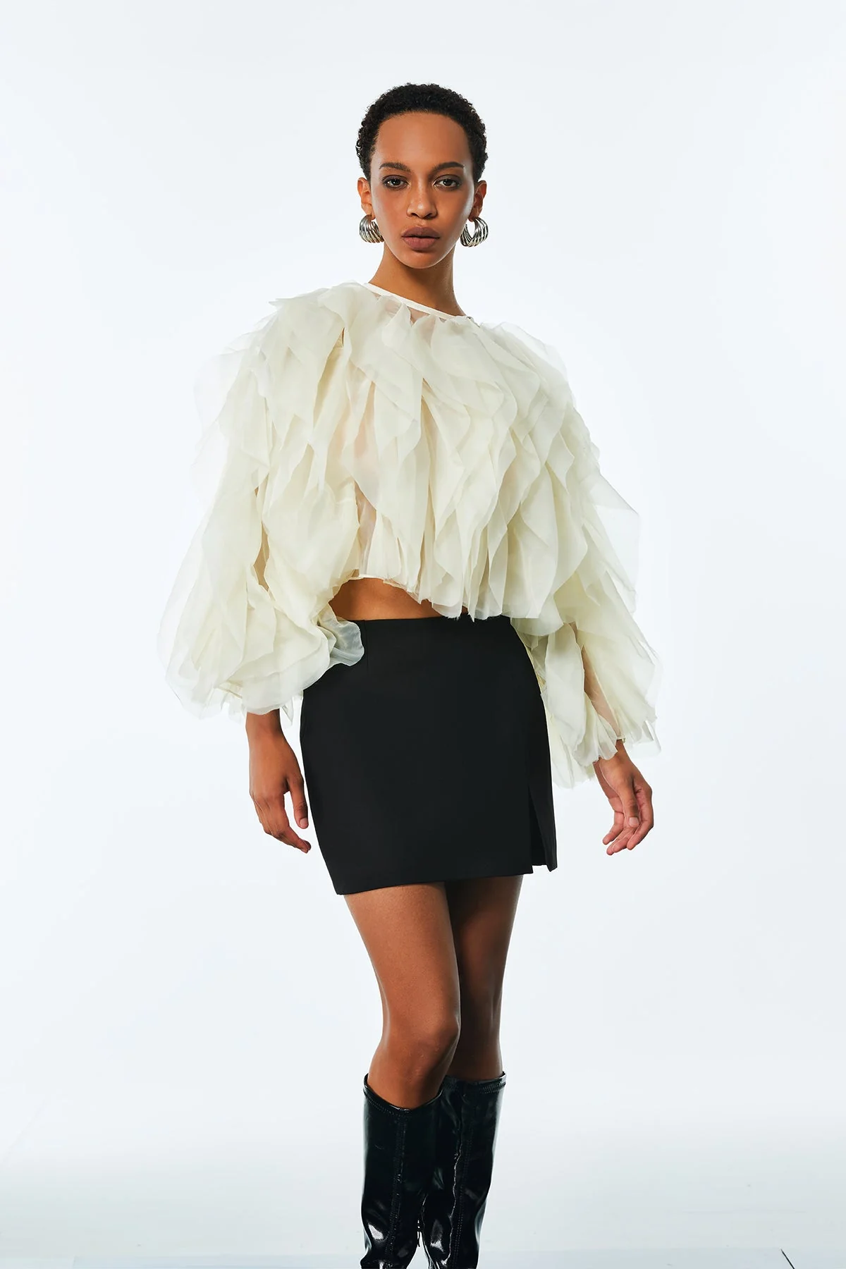 Apricot Mesh Ruched Ruffle Shirt - Chic & Versatile Style