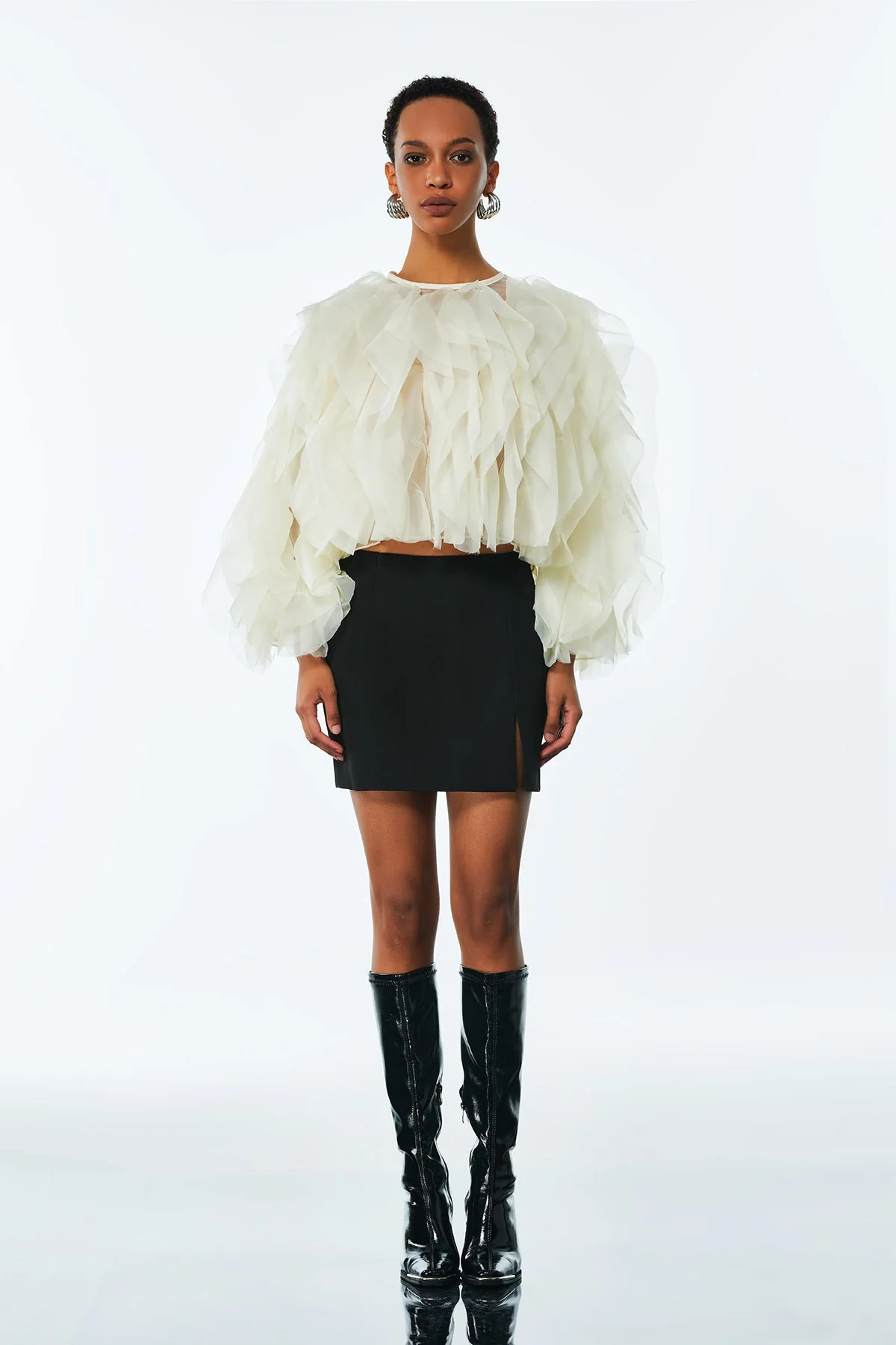 Apricot Mesh Ruched Ruffle Shirt - Chic & Versatile Style