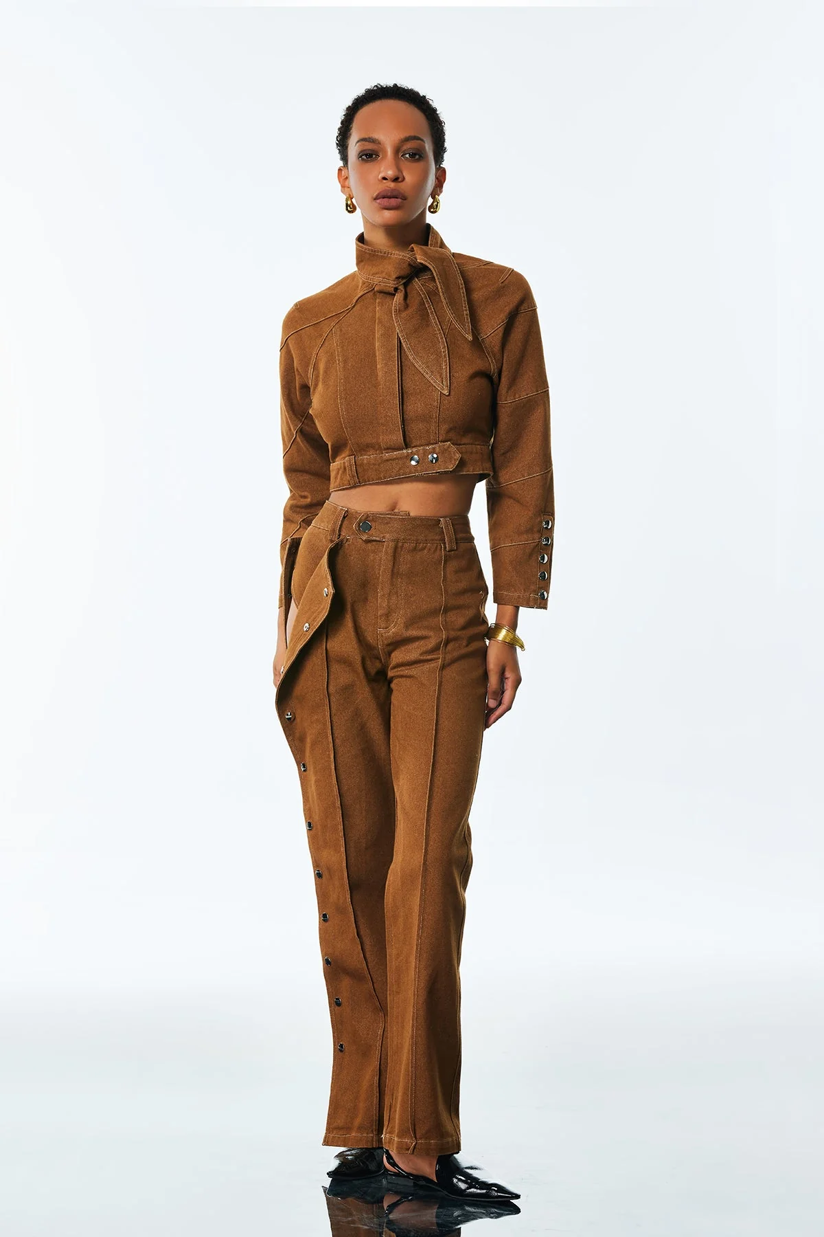 Stylish Denim Buckle Lace-Up Pants Set