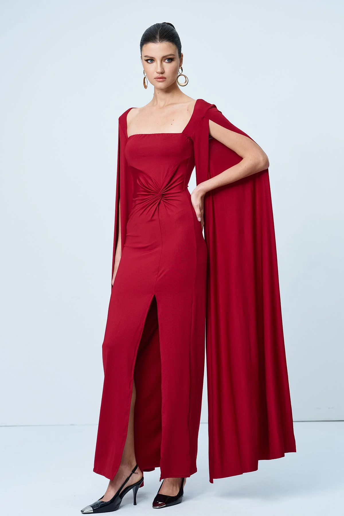 Red Shawl Split Ruch Maxi Dress for Women