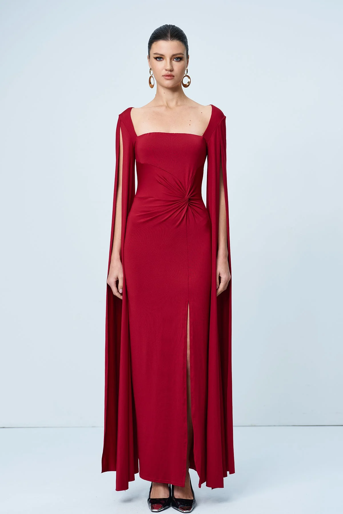 Red Shawl Split Ruch Maxi Dress for Women