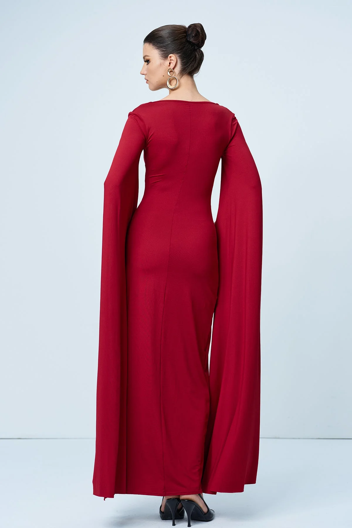 Red Shawl Split Ruch Maxi Dress for Women