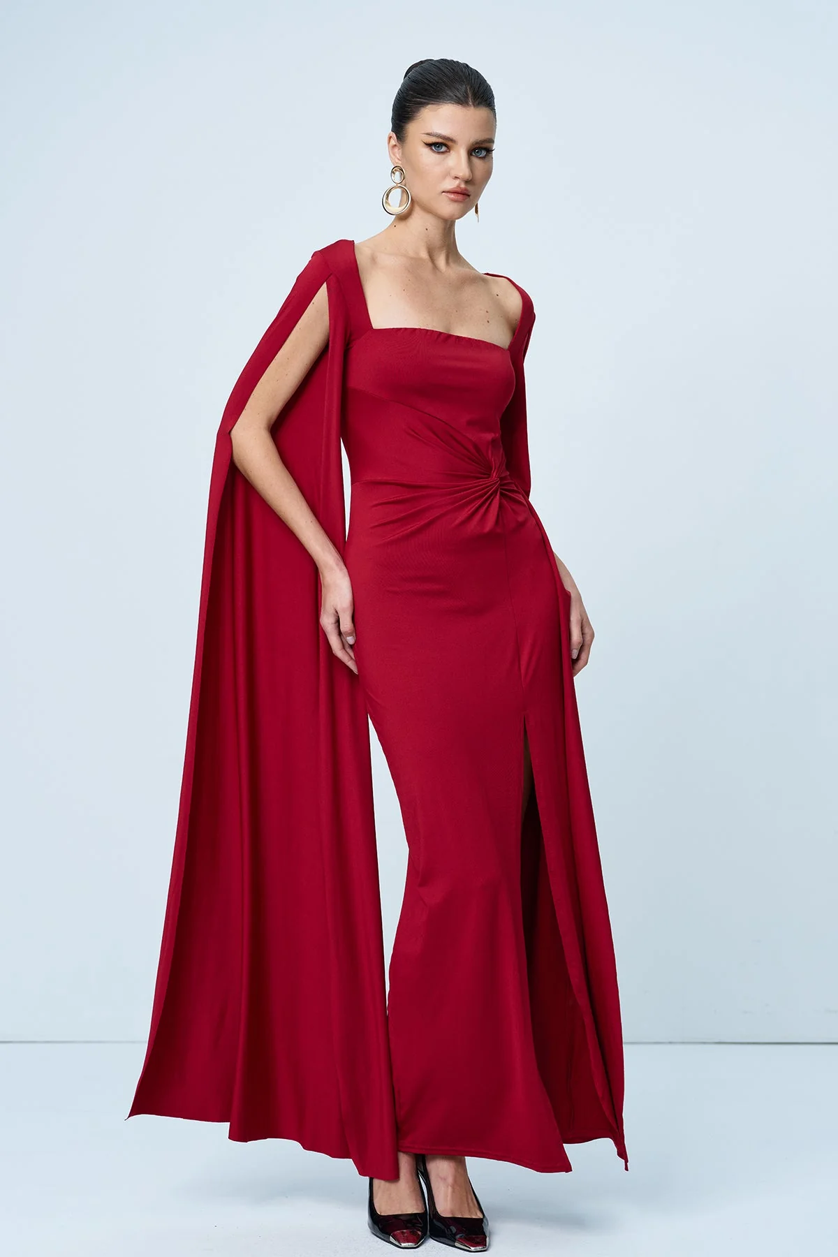 Red Shawl Split Ruch Maxi Dress for Women