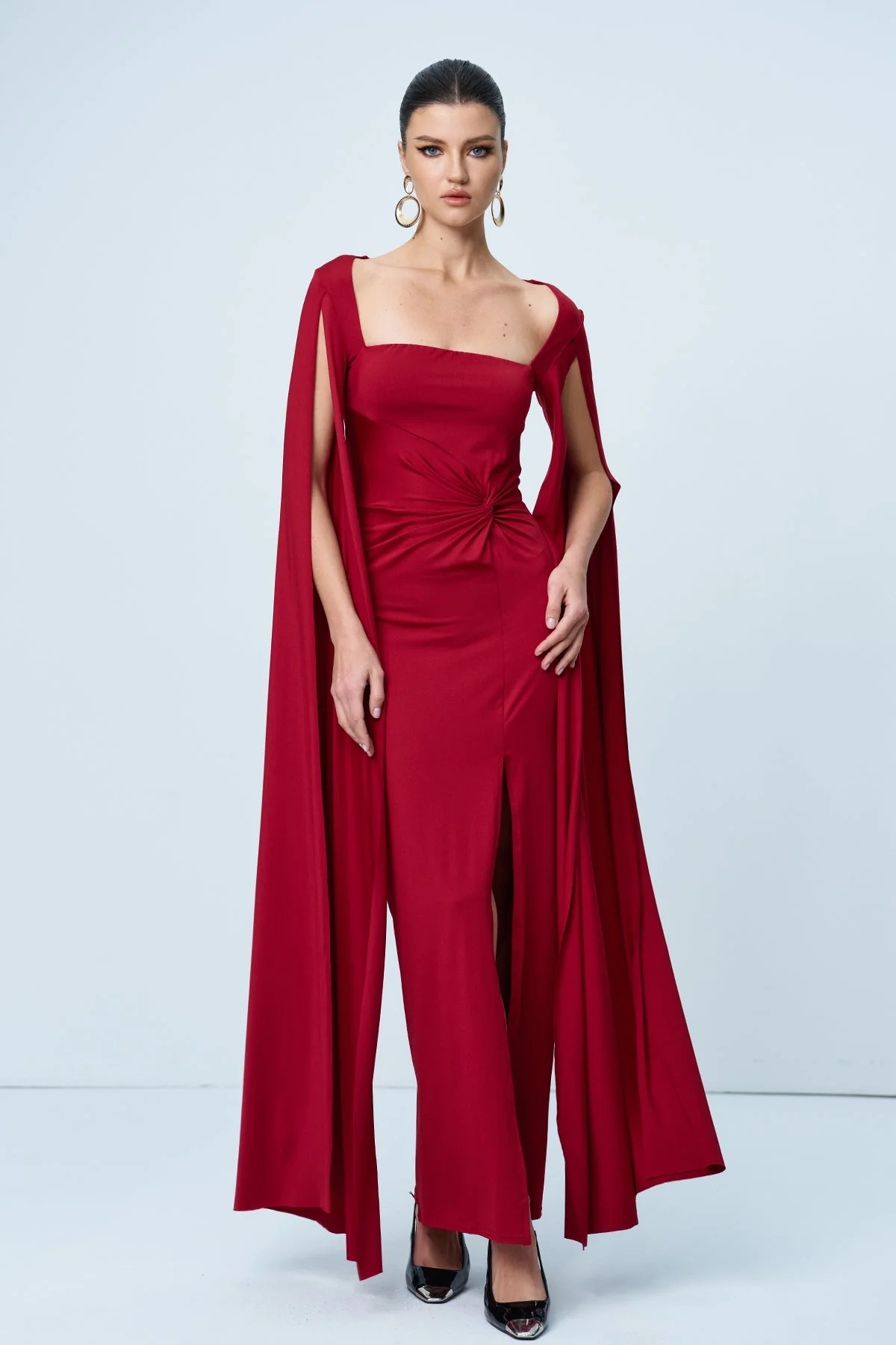 Red Shawl Split Ruch Maxi Dress for Women