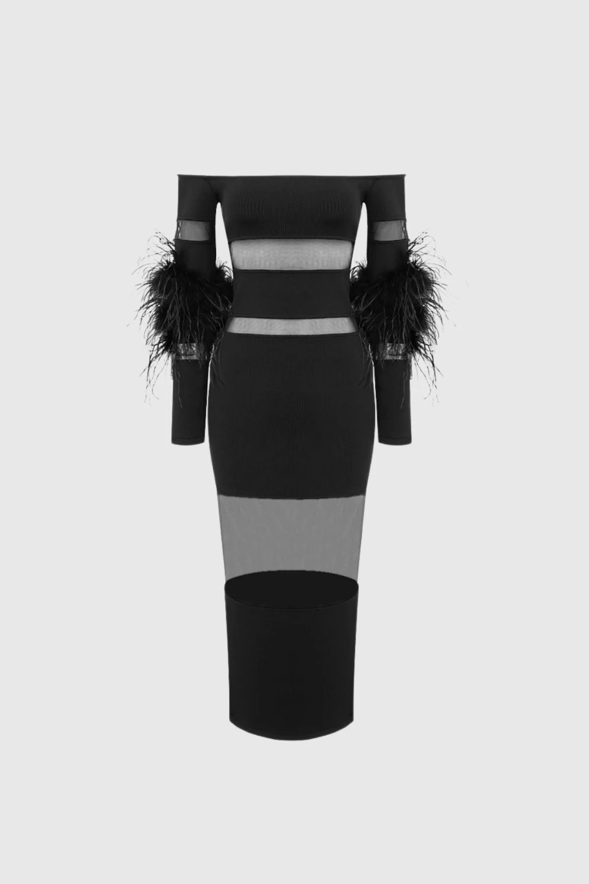 Black Mesh Feather Maxi Dress with Unique Details