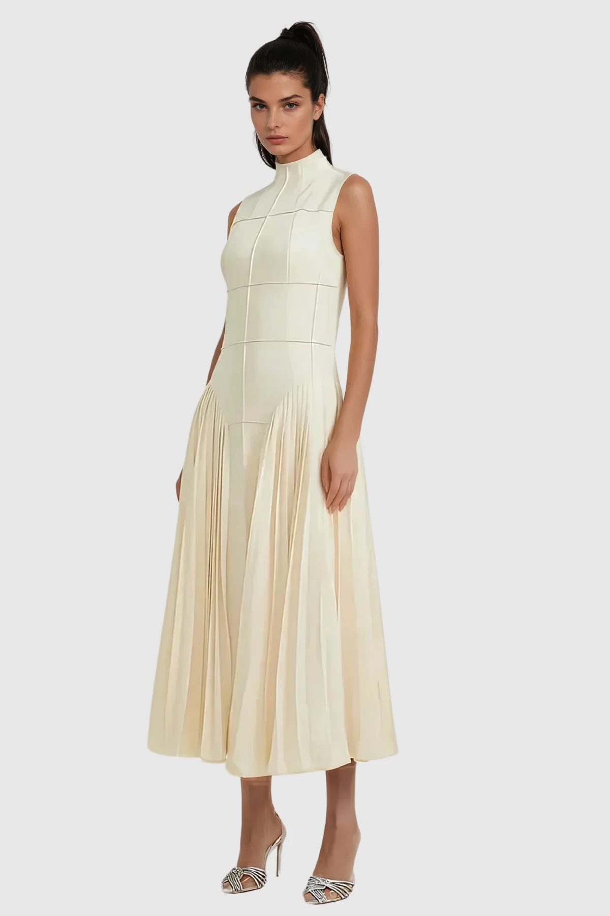 Chic Beige Ruched Midi Dress
