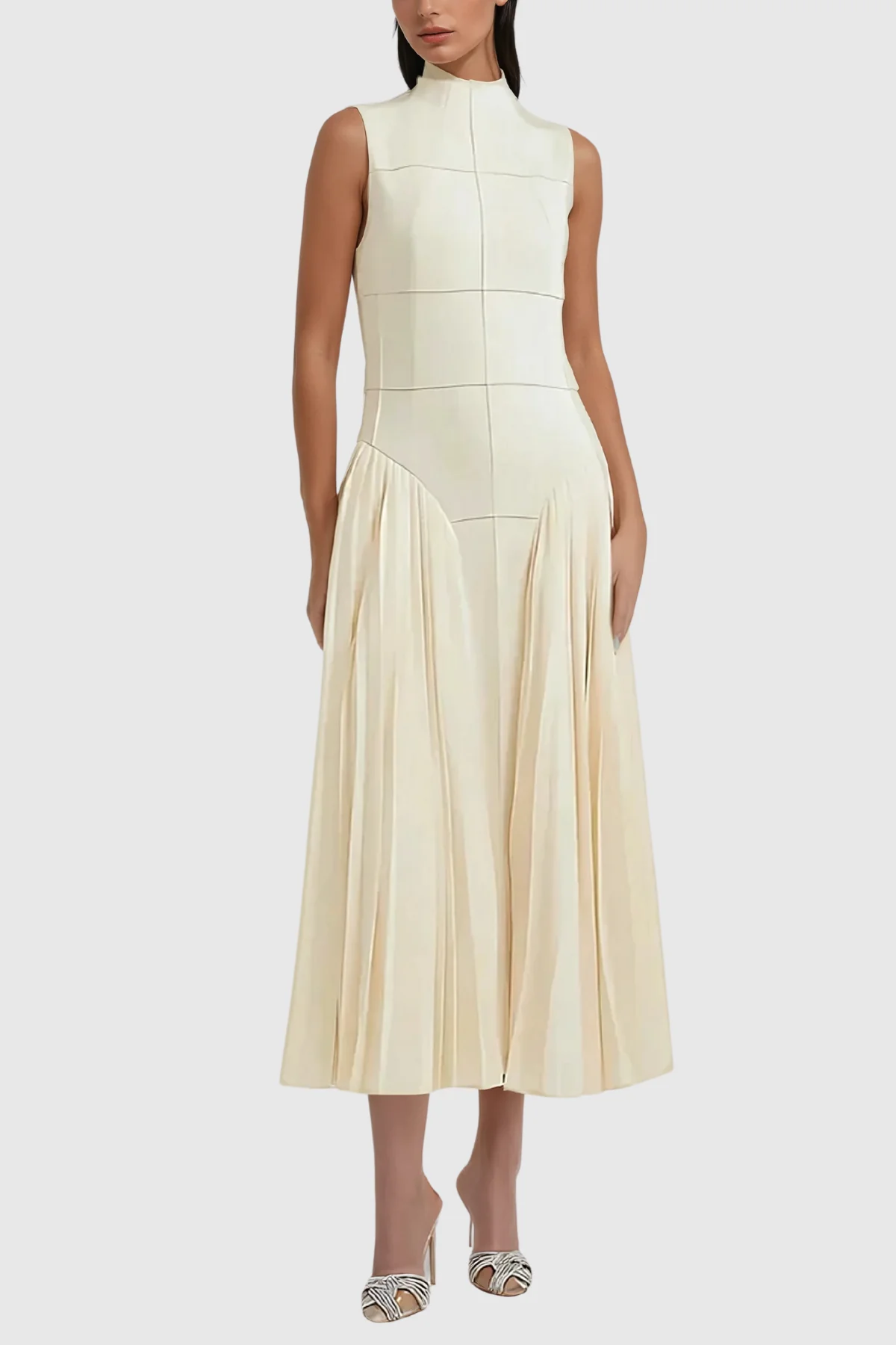 Chic Beige Ruched Midi Dress