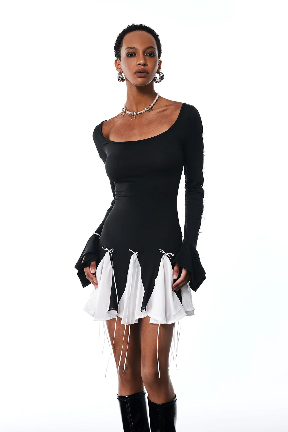 Romantic Black Bow Mini Dress with Ruffle Fringe Detail