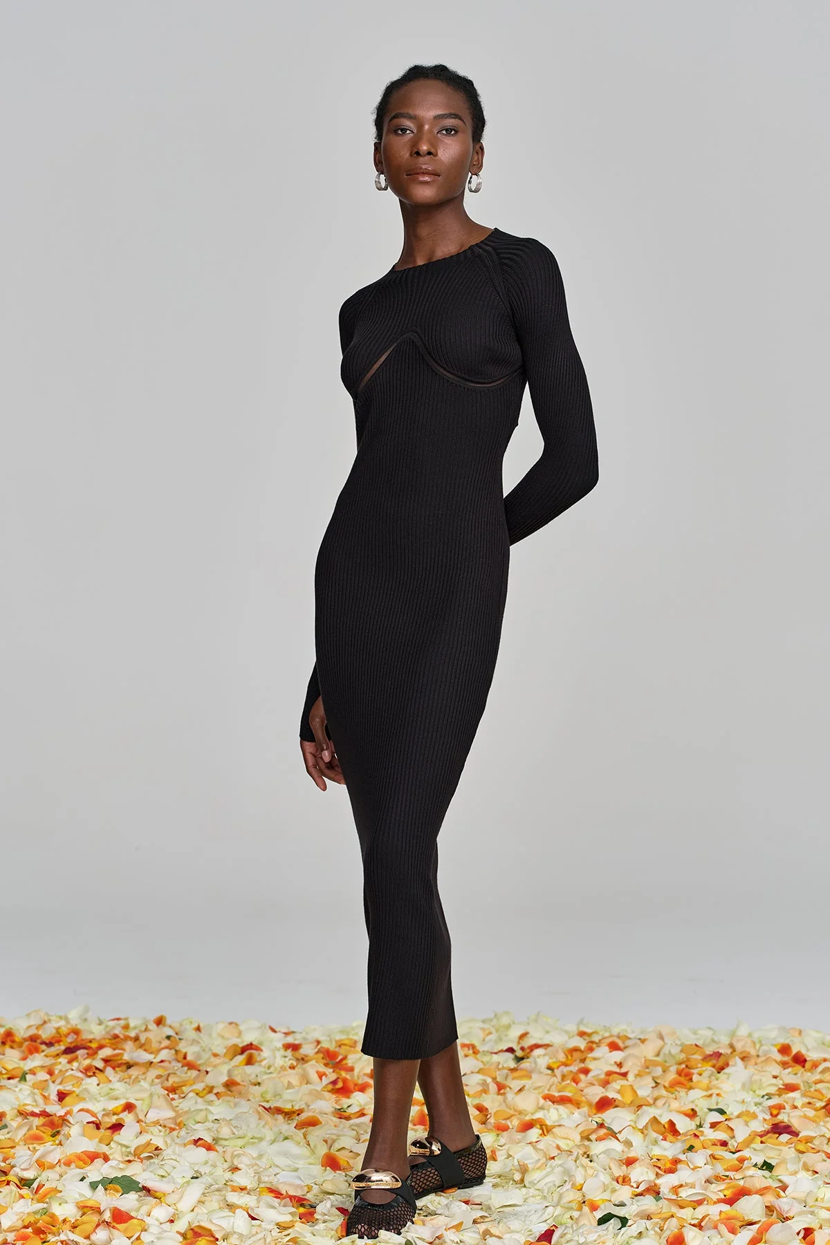 Black Cutout Ruffle Knit Maxi Dress