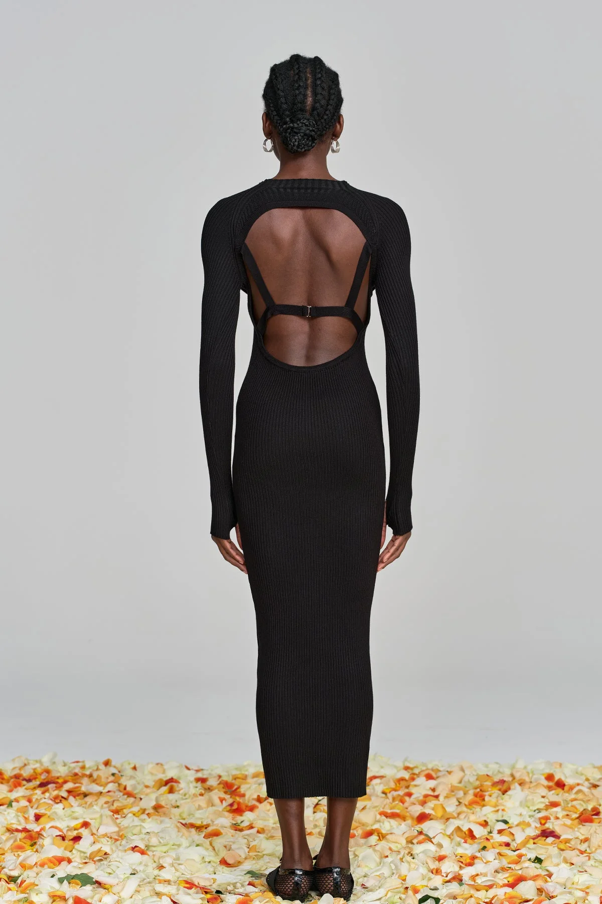 Black Cutout Ruffle Knit Maxi Dress