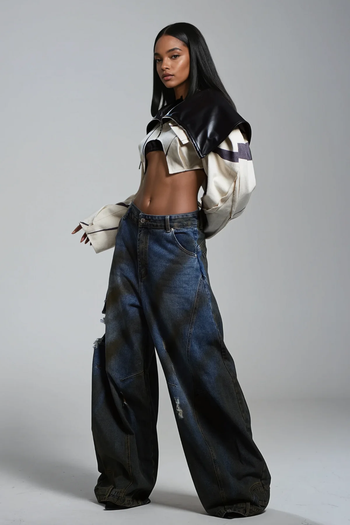 Deconstructed Wide Leg Denim Jeans