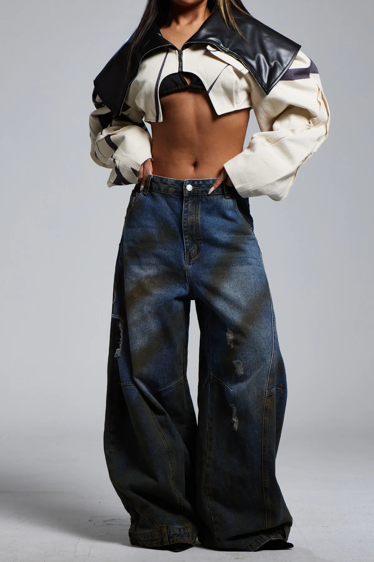 Deconstructed Wide Leg Denim Jeans