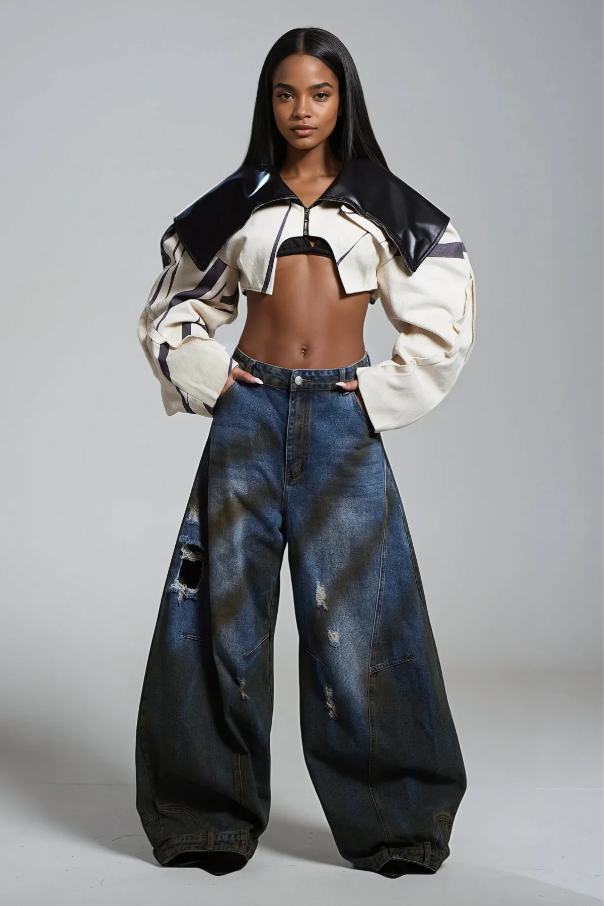 Deconstructed Wide Leg Denim Jeans