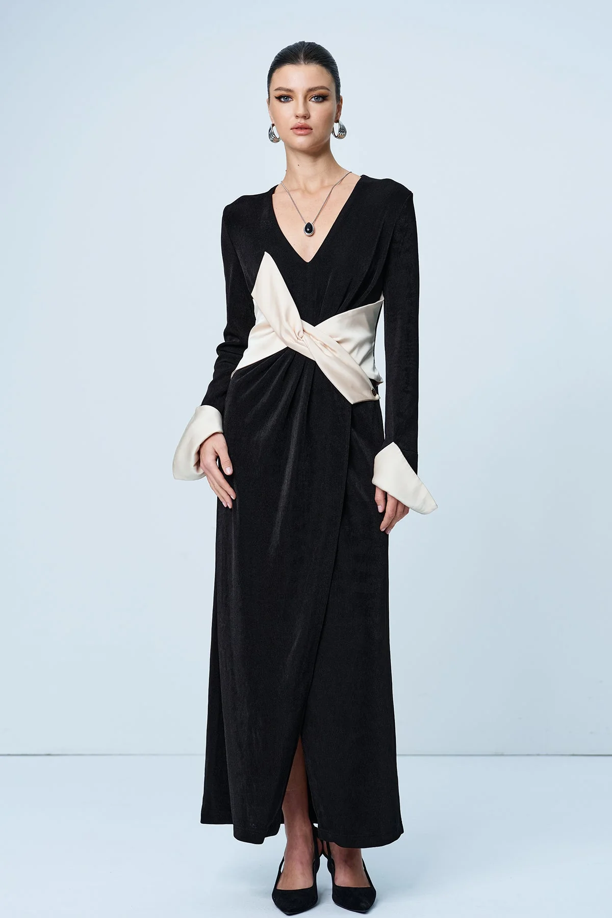 Elegant Black Bow Maxi Dress with Plunge Neckline