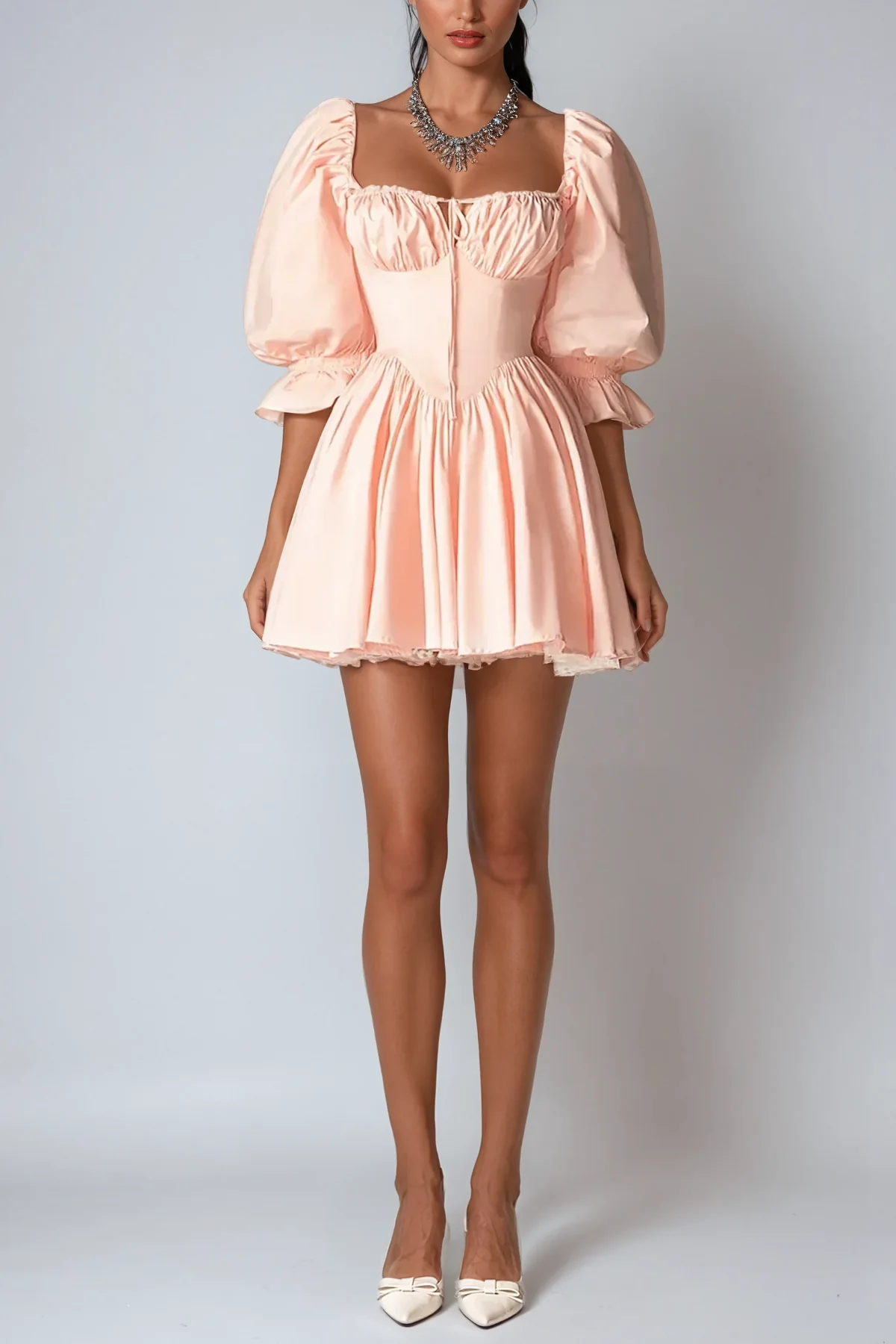 Pink Lace-Up Ruched Ruffle Mini Dress
