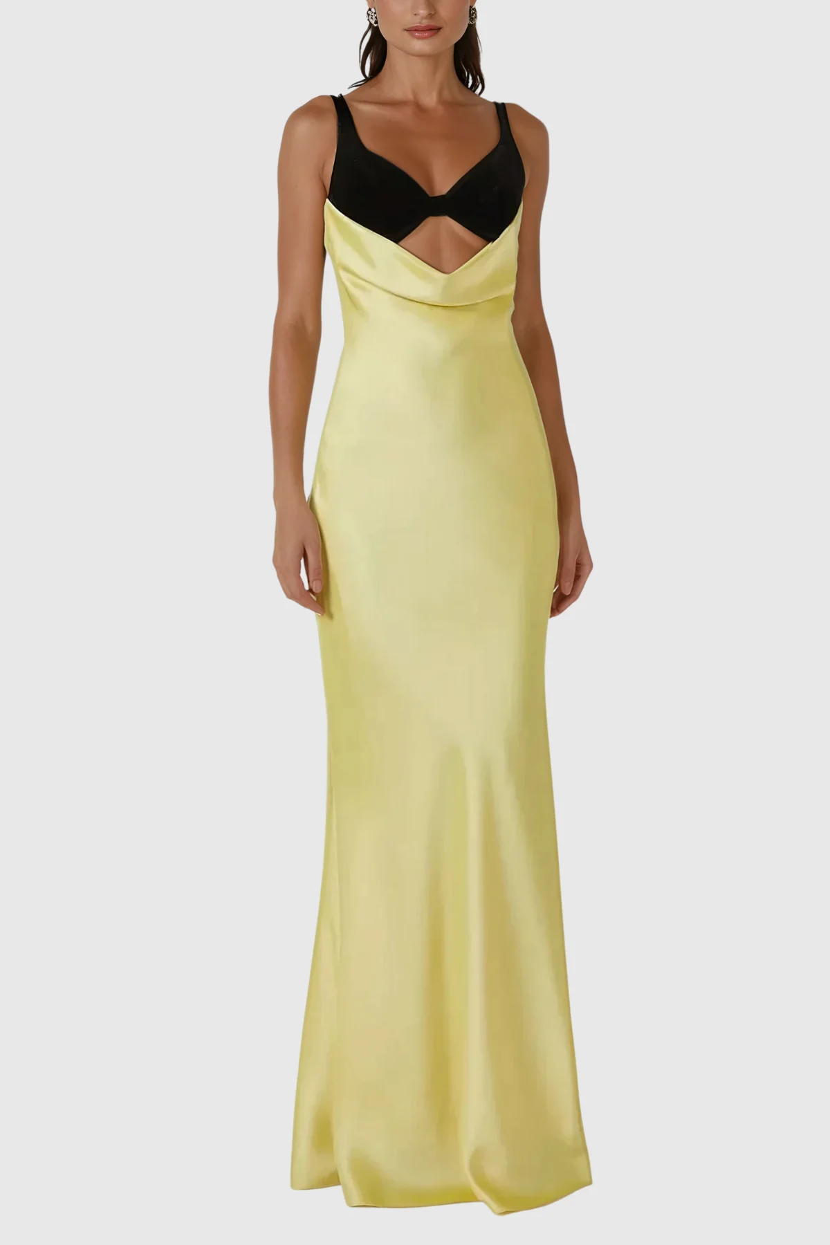 Yellow Satin Maxi Dress with Cowl Neck and Cutout Detail