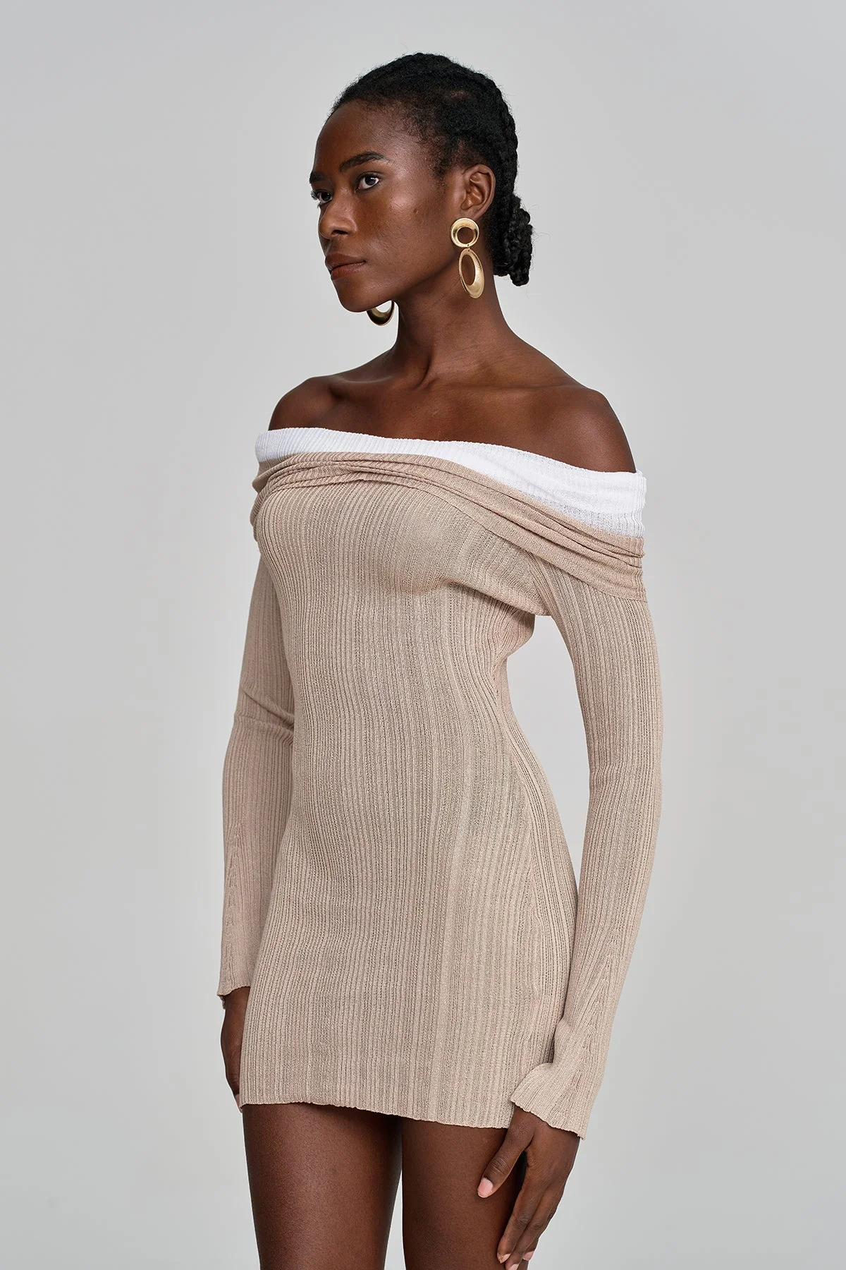 Grey Knit Off Shoulder Mini Dress