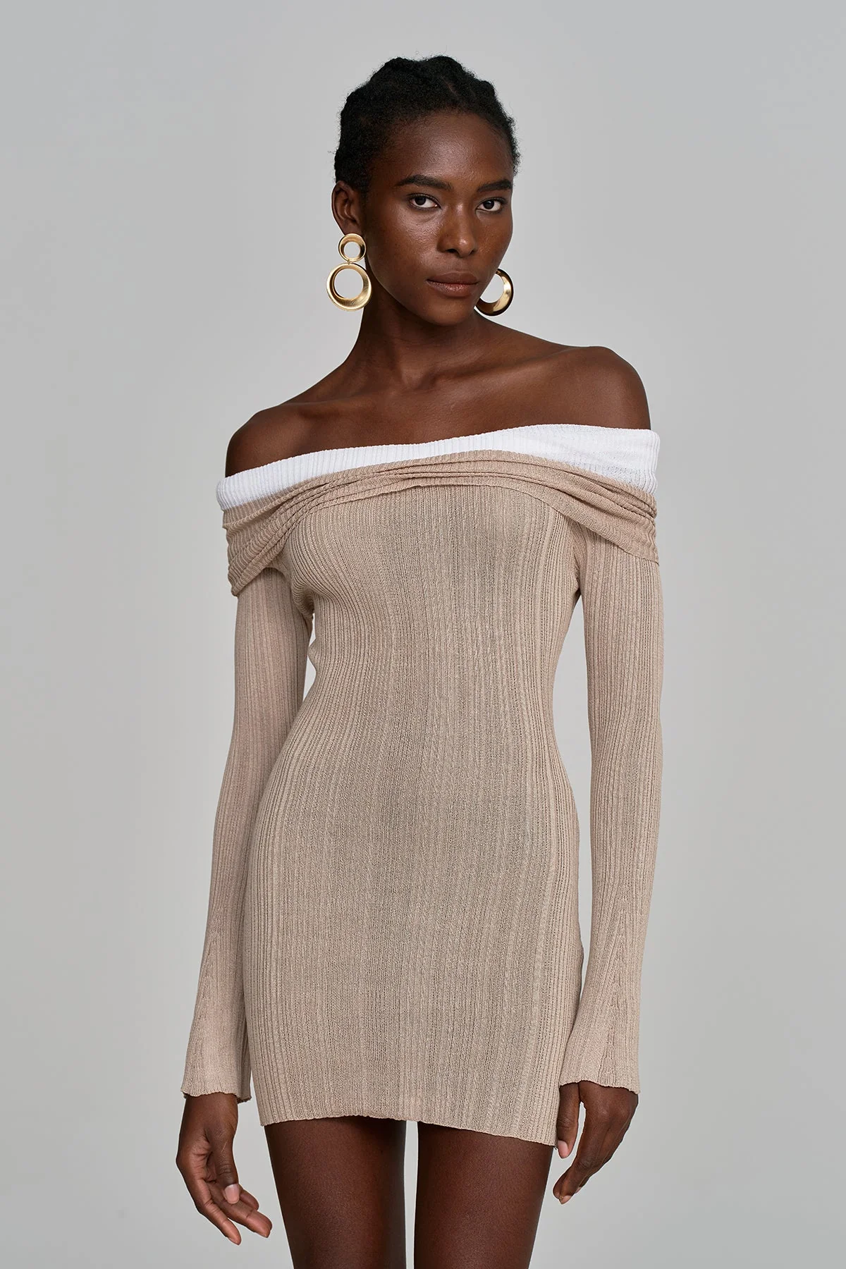 Grey Knit Off Shoulder Mini Dress