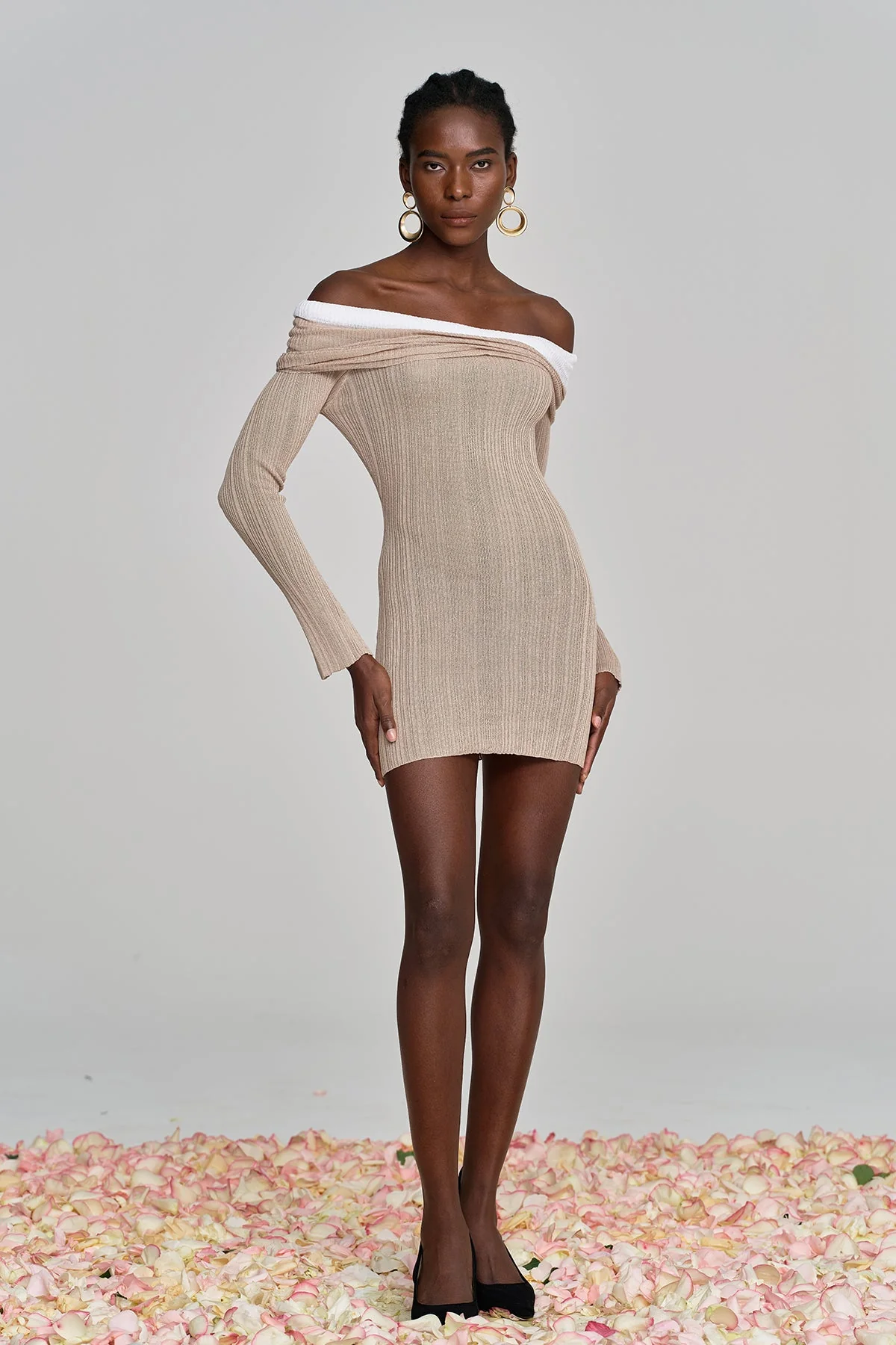 Grey Knit Off Shoulder Mini Dress