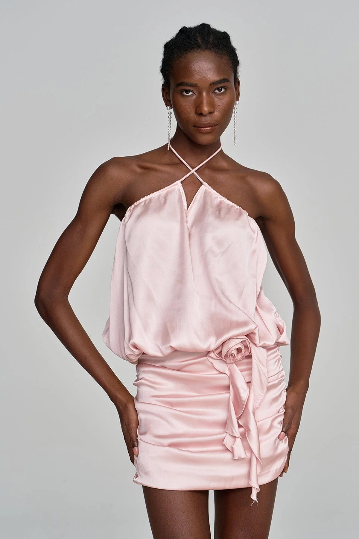 Pink Satin Halter Neck Backless Mini Dress