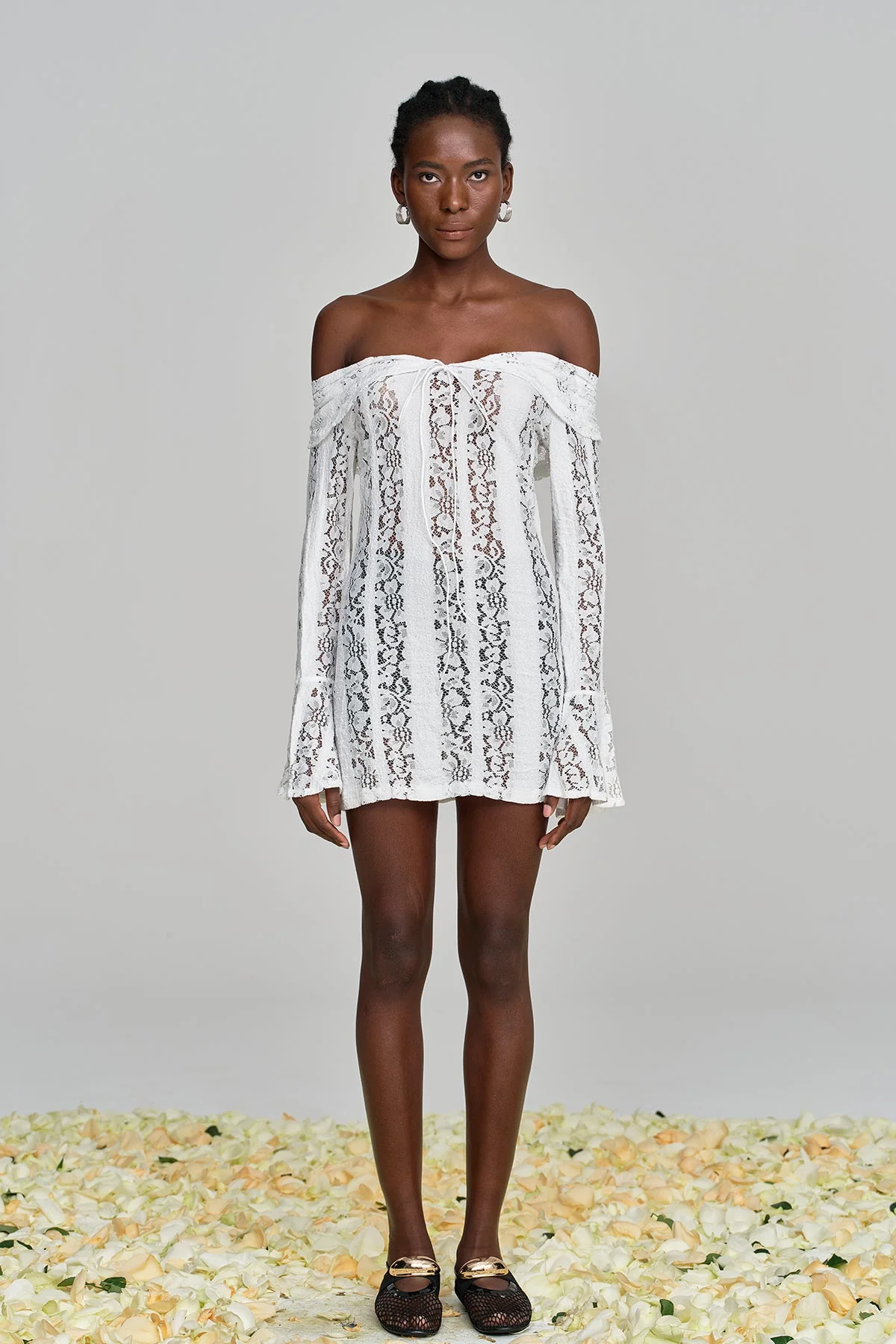 White Lace Off Shoulder Cutout Mini Dress