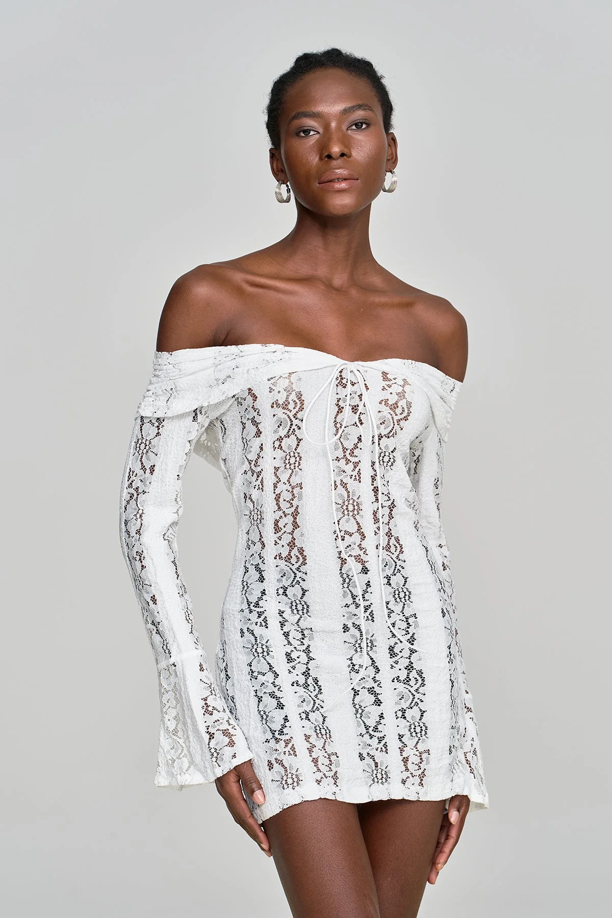 White Lace Off Shoulder Cutout Mini Dress