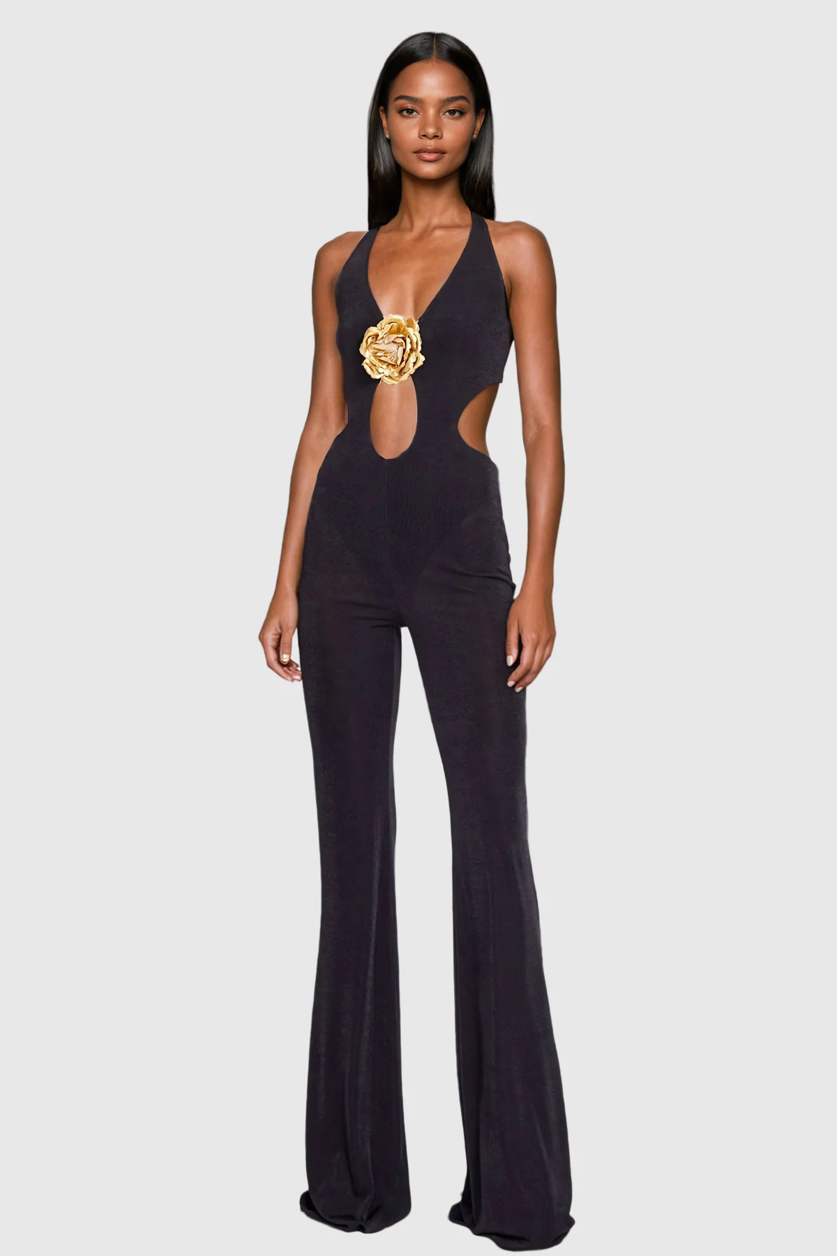Black Cutout Flower Backless Jumpsuit - Chic Sleeveless Design