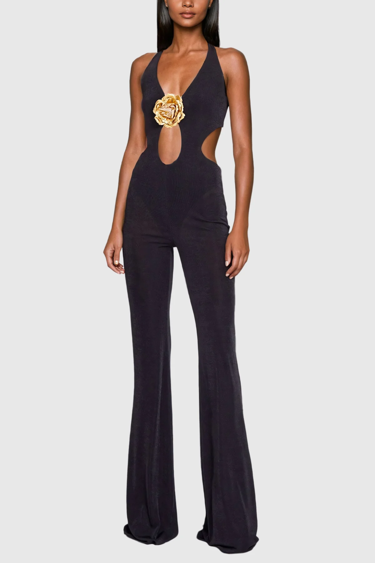 Black Cutout Flower Backless Jumpsuit - Chic Sleeveless Design