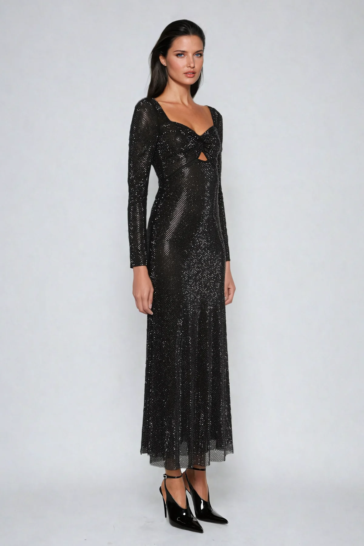Black Rhinestone Mesh Maxi Dress