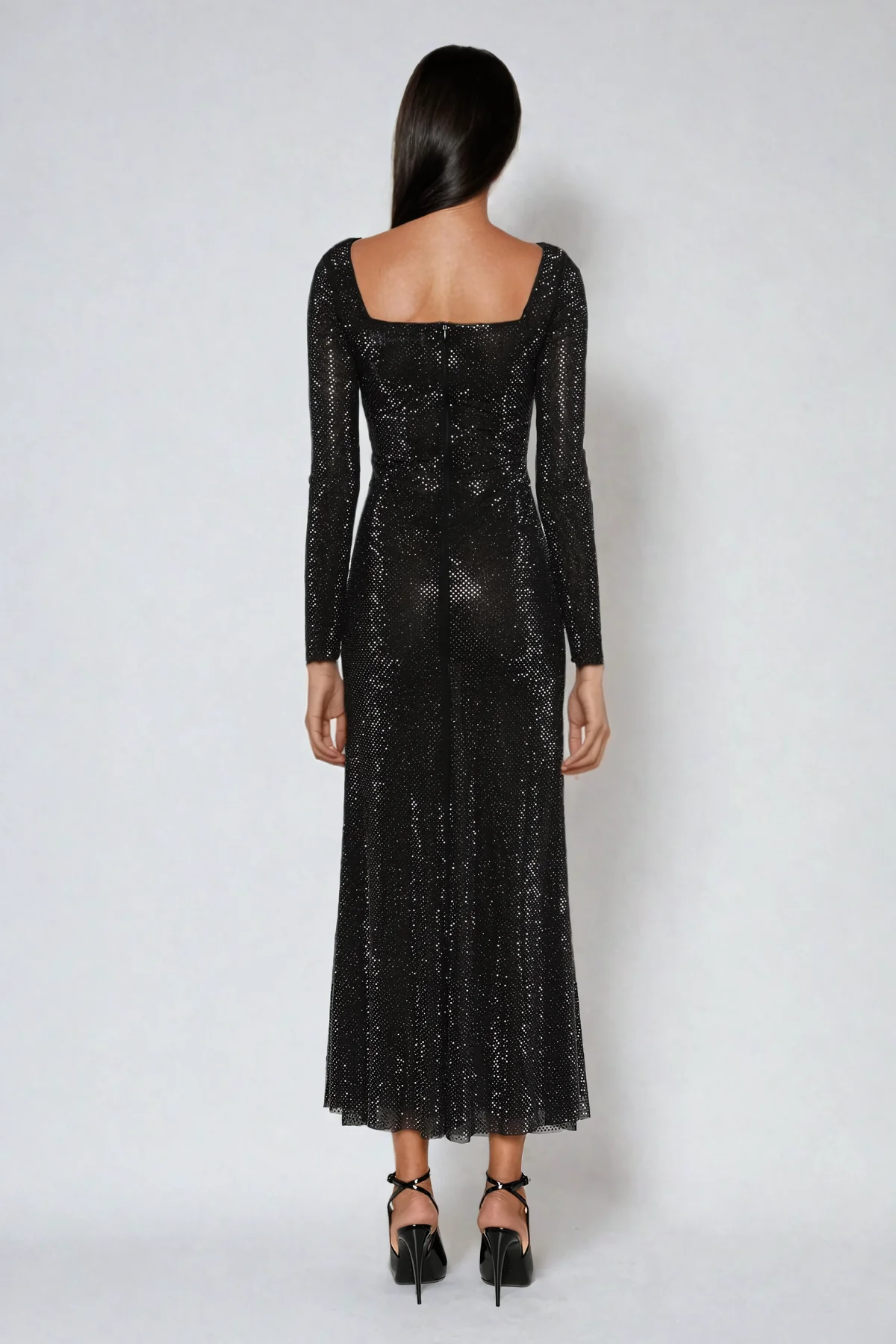 Black Rhinestone Mesh Maxi Dress