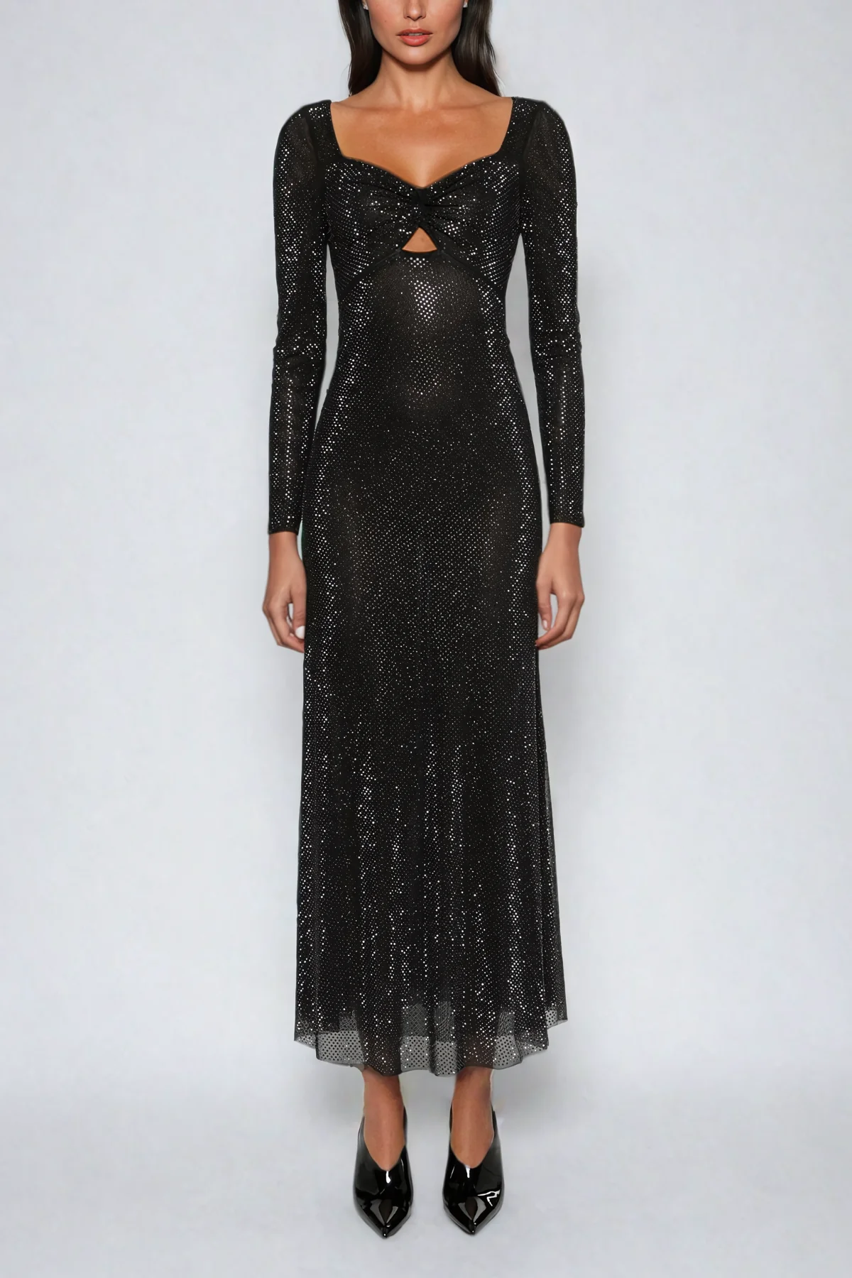 Black Rhinestone Mesh Maxi Dress