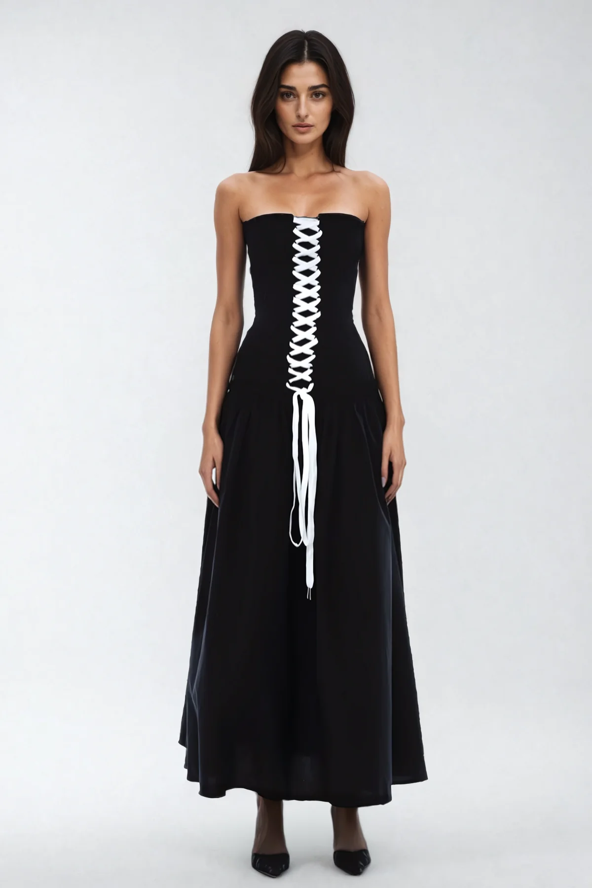 Strapless Black Lace Up Maxi Dress