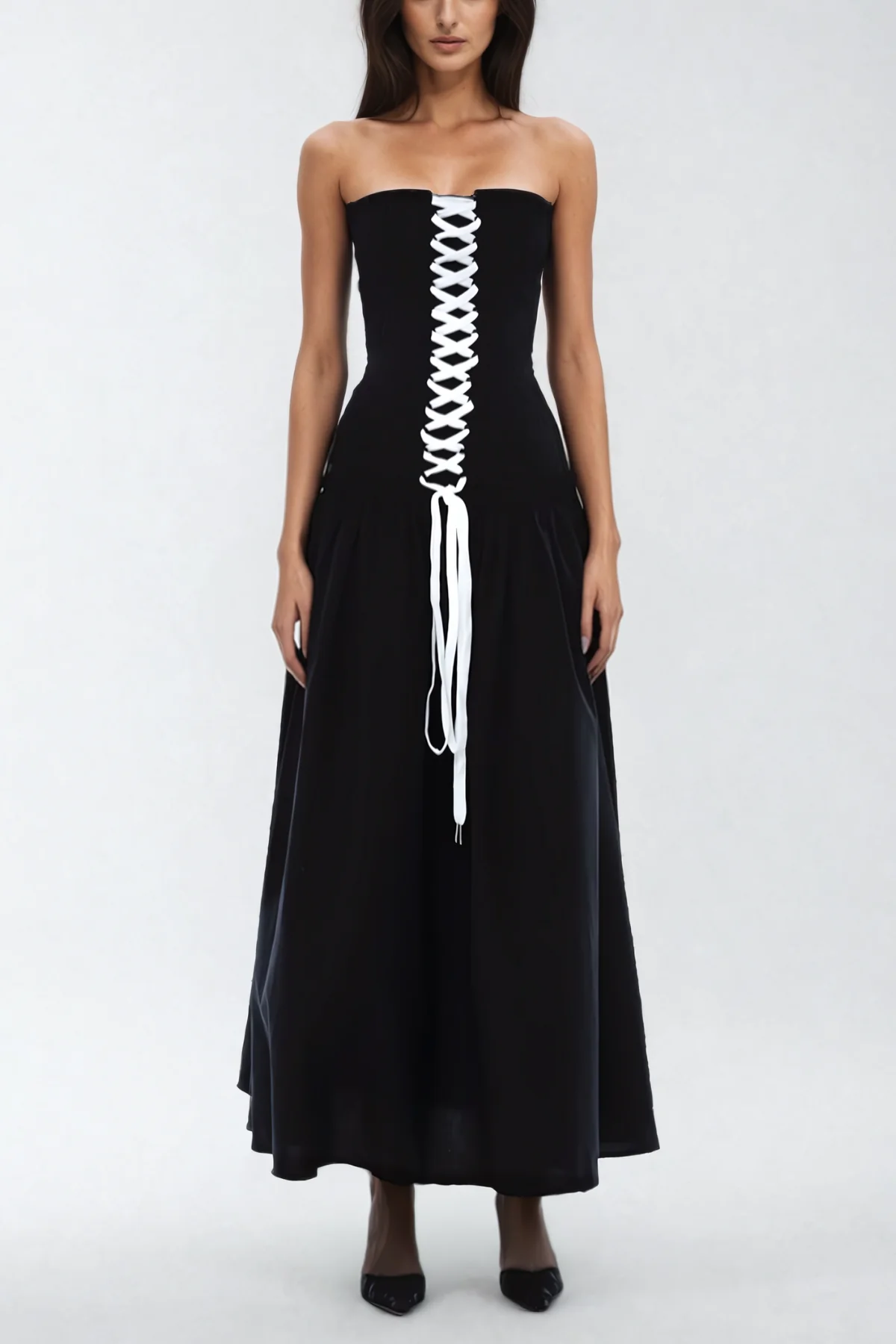 Strapless Black Lace Up Maxi Dress