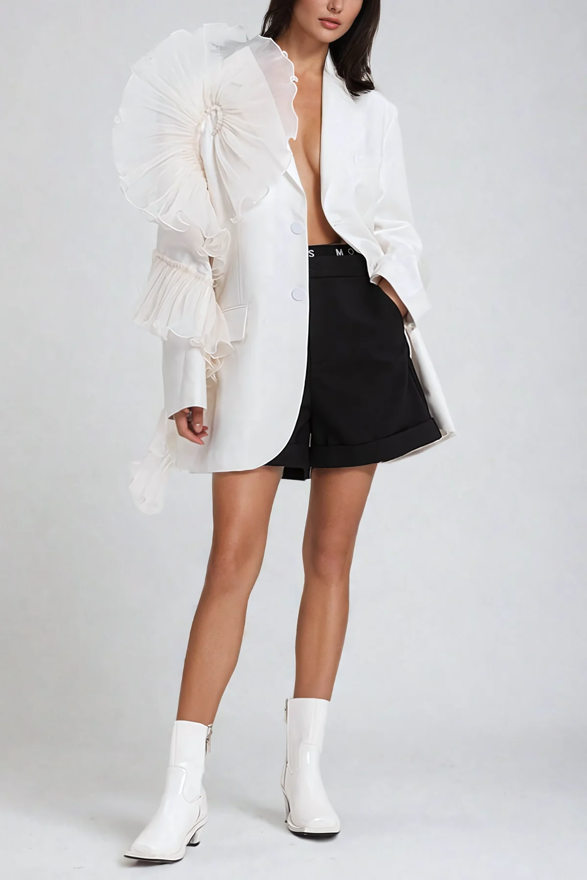 Mesh Asymmetric Blazer in White, Stylish Elegance for Women
